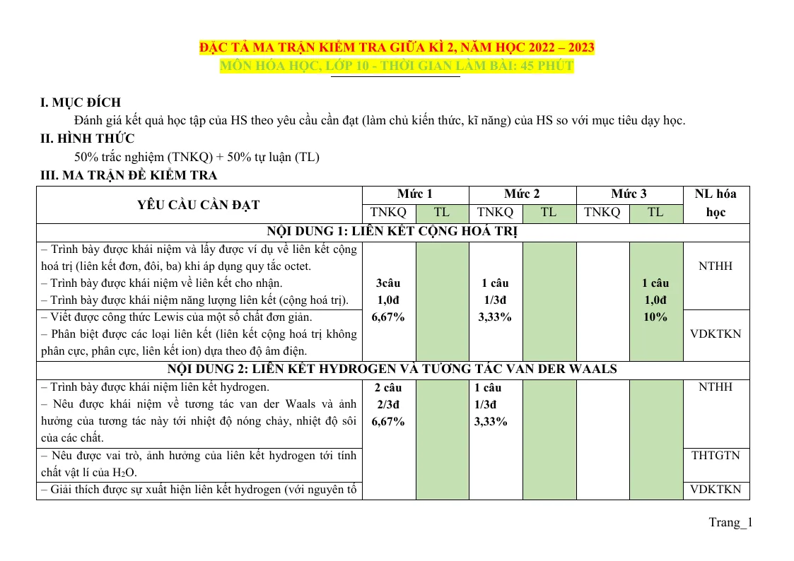 Ma Trận Đặc Tả Đề Thi Giữa Học Kỳ 2 Hóa 10