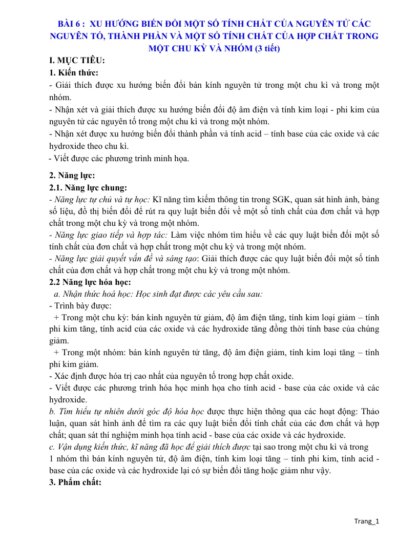 Giáo Án Hóa 10 CTST Bài 6 Xu Hướng Biến Đổi Một Số Tính Chất Của Nguyên Tử Các Nguyên Tố