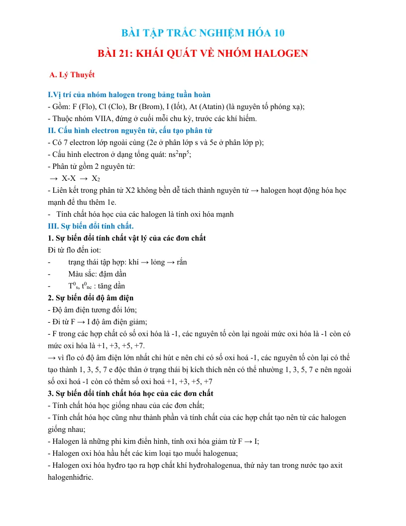 Trắc Nghiệm Khái Quát Về Nhóm Halogen