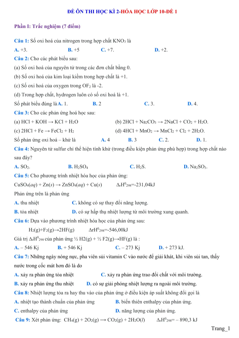 Bộ Đề Ôn Thi Học Kỳ 2 Hóa 10