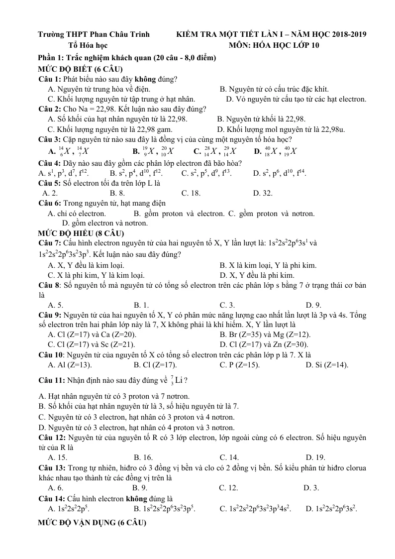 10 Đề Kiểm Tra 1 Tiết Chương 1 Nguyên Tử Hóa 10