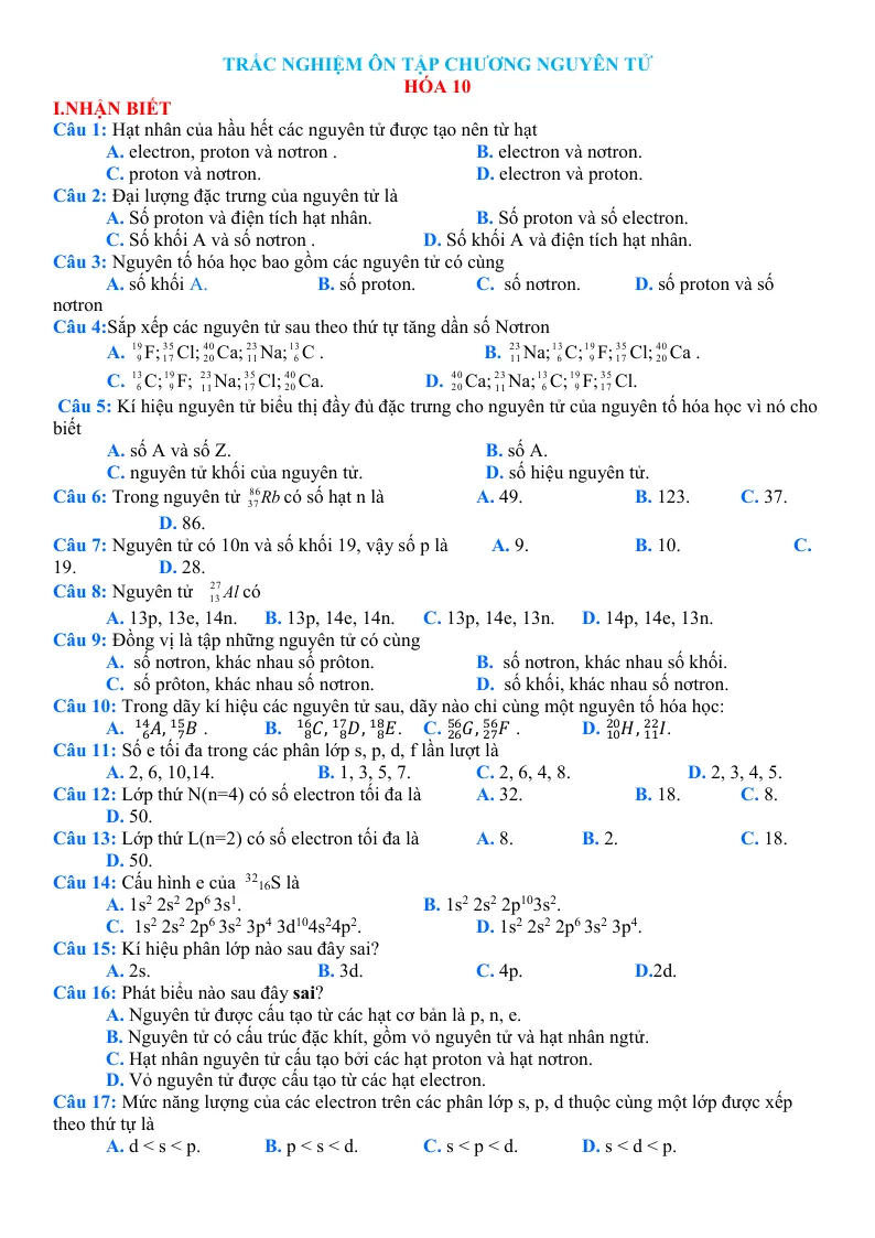 Trắc Nghiệm Ôn Chương Nguyên Tử Hóa 10 Theo Từng Mức Độ