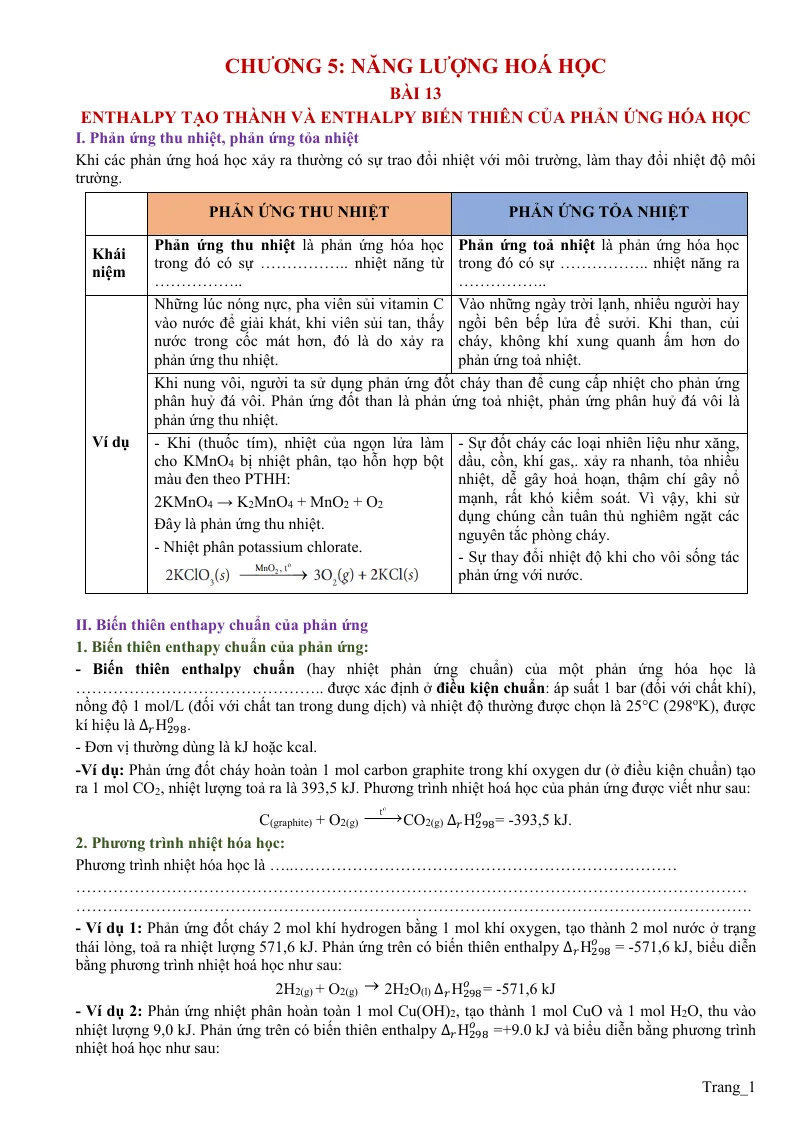 Trắc Nghiệm Và Tự Luận Hóa 10 Bài 13 Enthalpy Tạo Thành Và Enthalpy Biến Thiên Của Phản Ứng Hóa Học