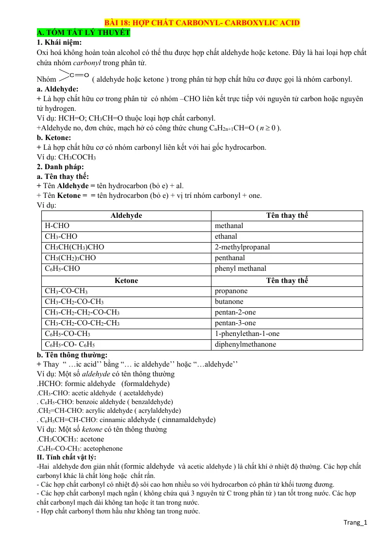 Lý Thuyết Và Trắc Nghiệm Bài 18 Hợp Chất Carbonyl - Carboxylic Acid Lớp 11