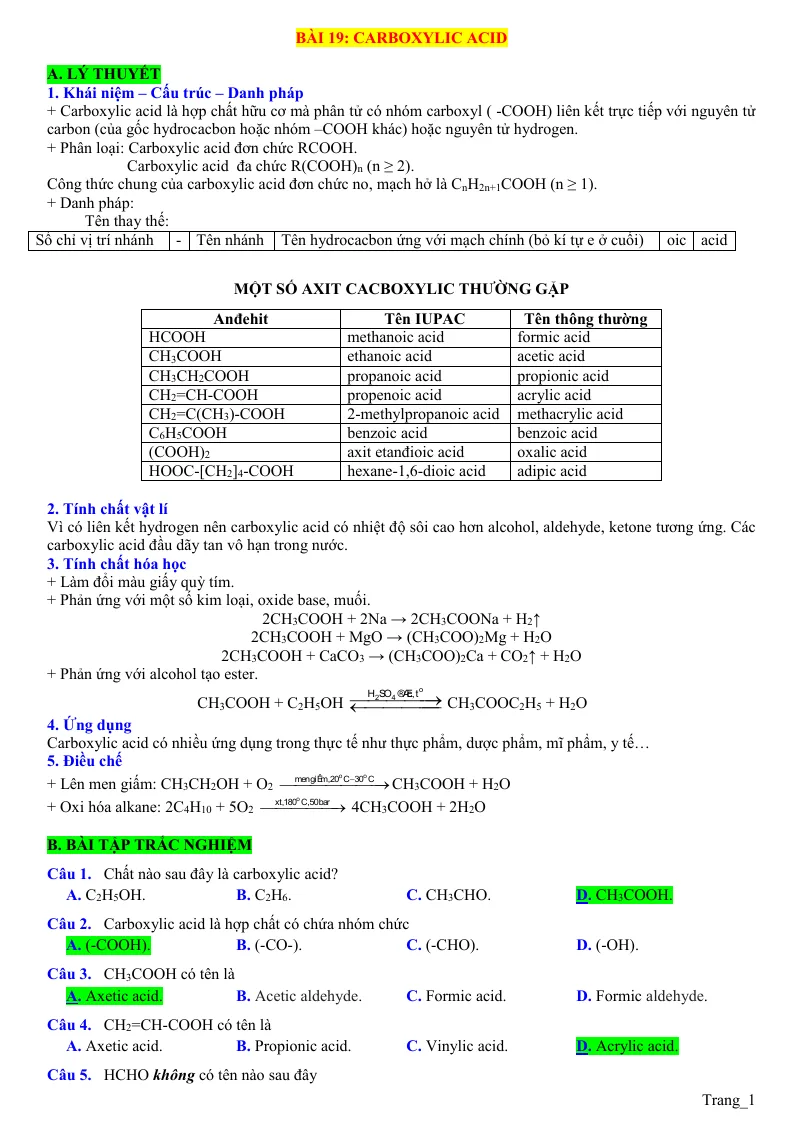 Lý Thuyết Và Trắc Nghiệm Bài 19 Carboxylic Acid Lớp 11