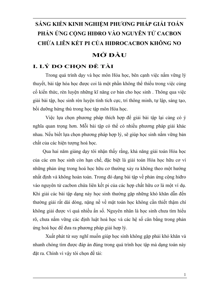 Sáng kiến kinh nghiệm: Phương pháp giải toán phản ứng cộng hiđro vào nguyên tử cacbon chứa liên kết pi của hiđrocacbon không no