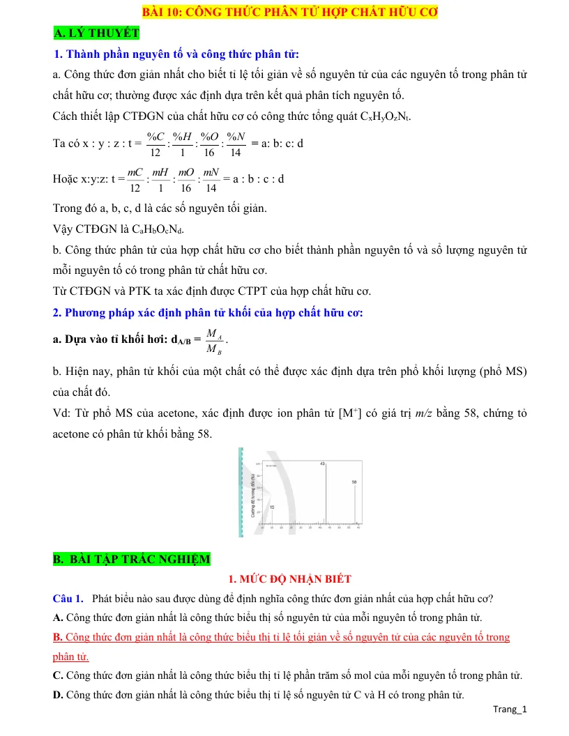 Lý Thuyết Và Trắc Nghiệm Bài 10 Công Thức Phân Tử Hợp Chất Hữu Cơ Lớp 11