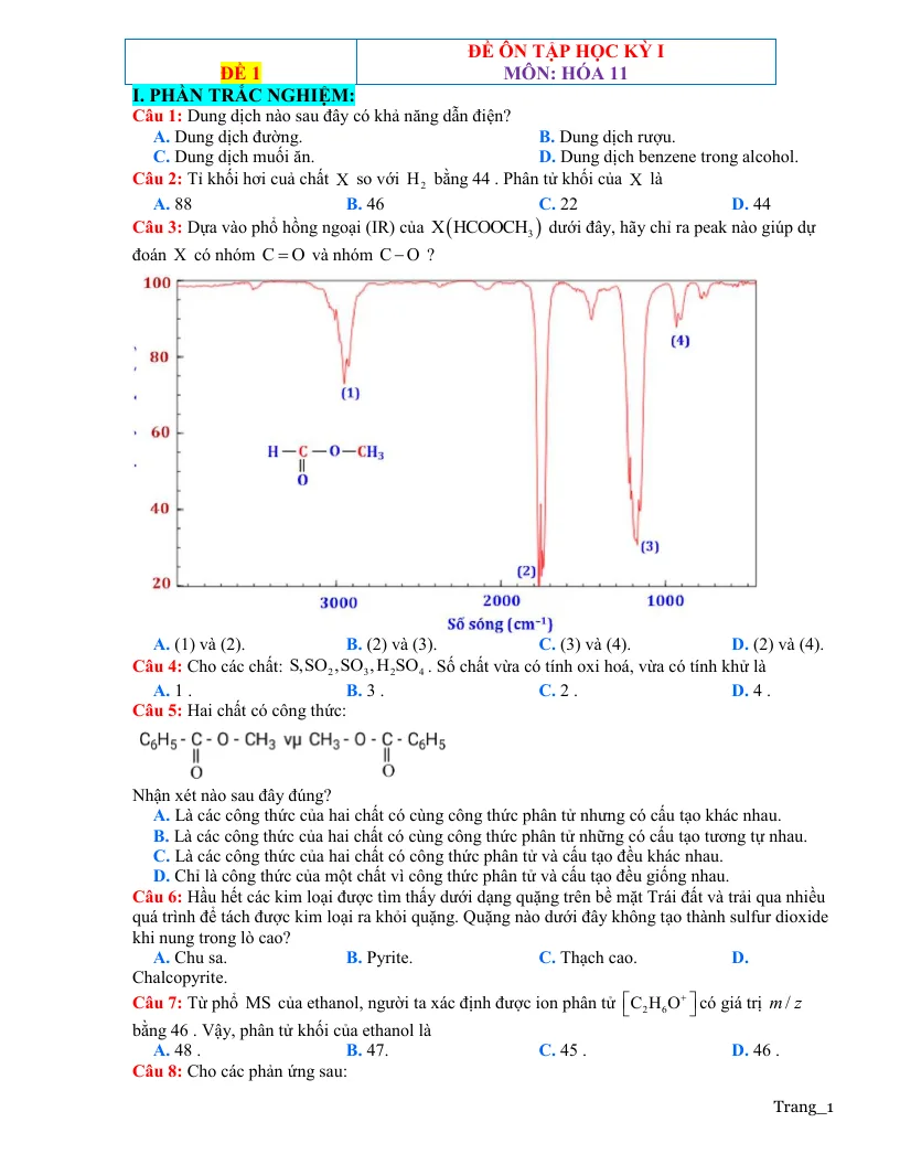 Đề Thi Học Kỳ 1 Hóa 11 Có Đáp Án - Đề 1