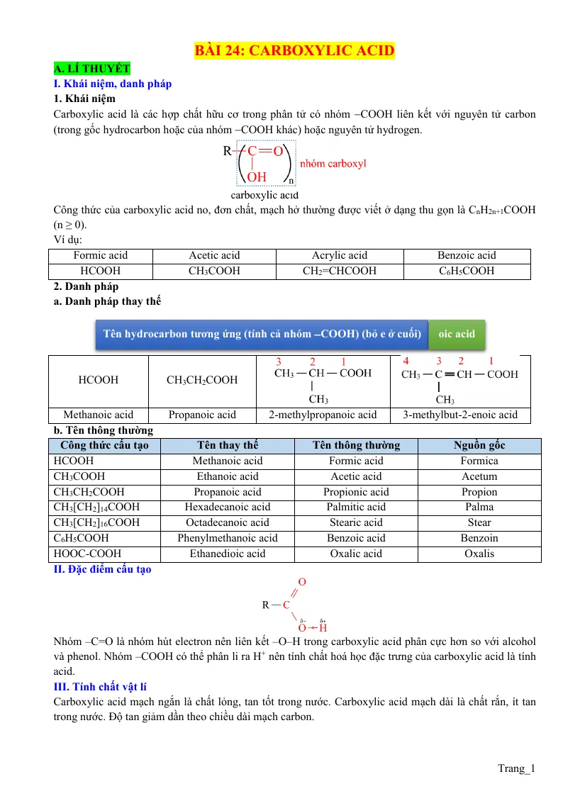 Lý Thuyết Và Trắc Nghiệm Carboxylic Acid Lớp 11