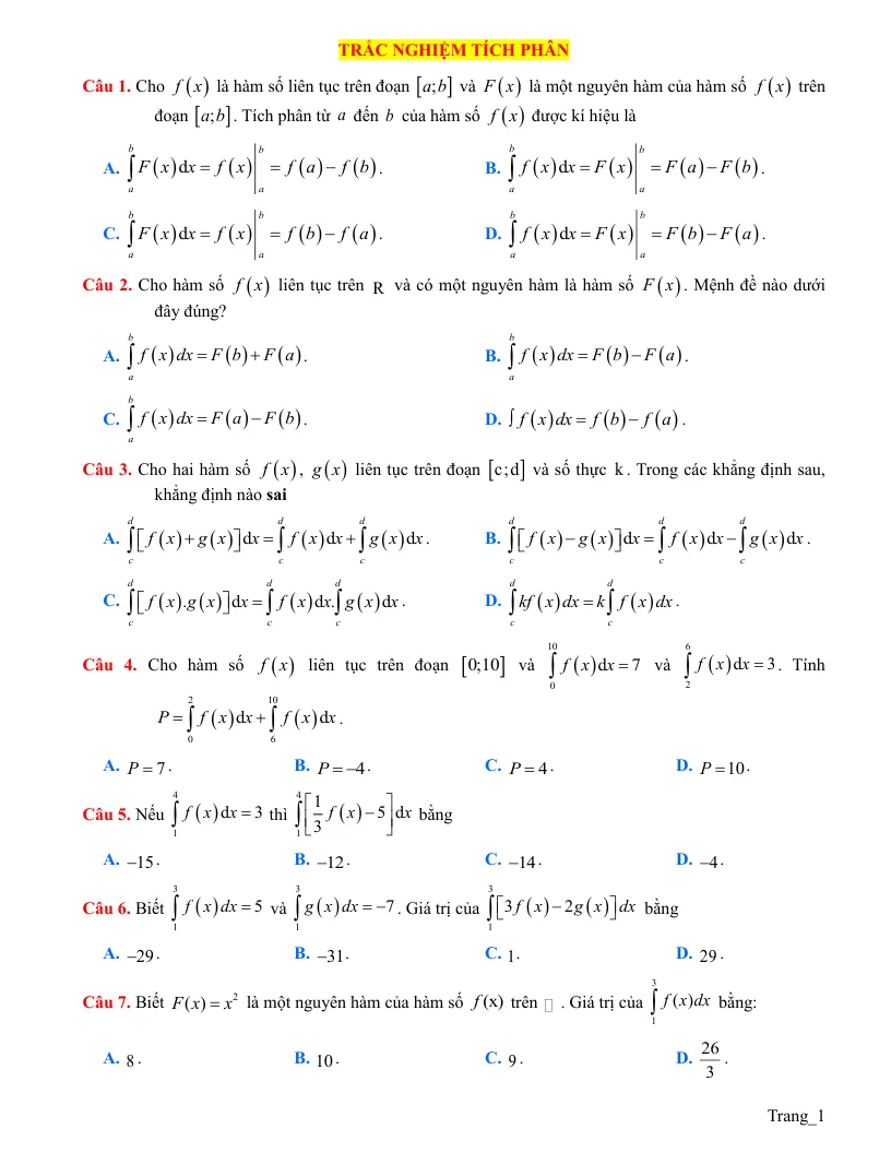 40 Câu Trắc Nghiệm Tích Phân