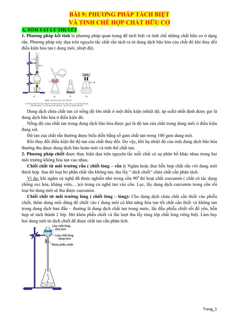 Lý Thuyết Và Trắc Nghiệm Bài 9 Phương Pháp Tách Biệt Và Tinh Chế Hợp Chất Hữu Cơ Lớp 11