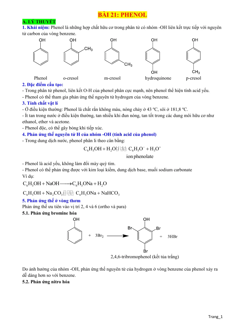 Lý Thuyết Và Trắc Nghiệm Phenol Lớp 11