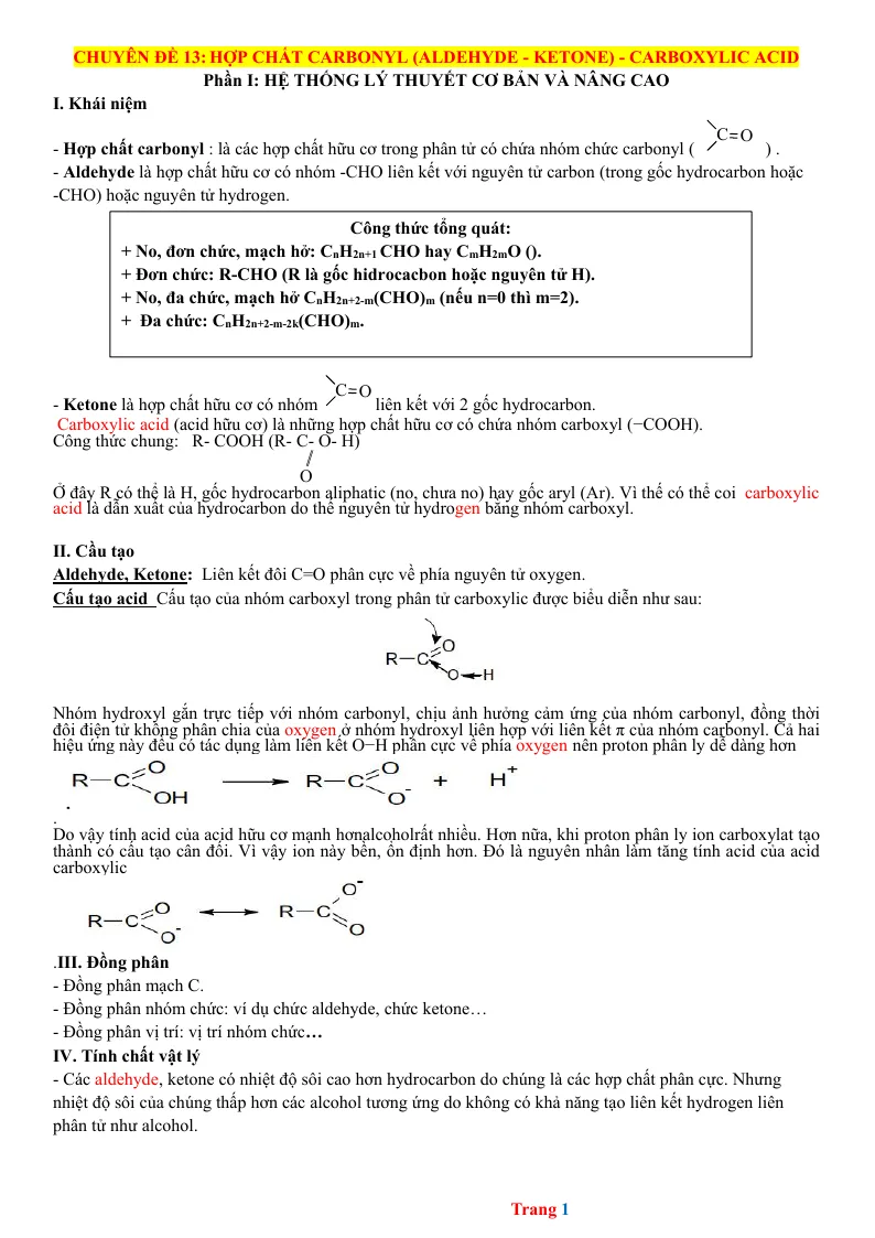 Chuyên Đề Hợp Chất Carbonyl - Carboxylic Acid Bồi Dưỡng Học Sinh Giỏi Hóa 11
