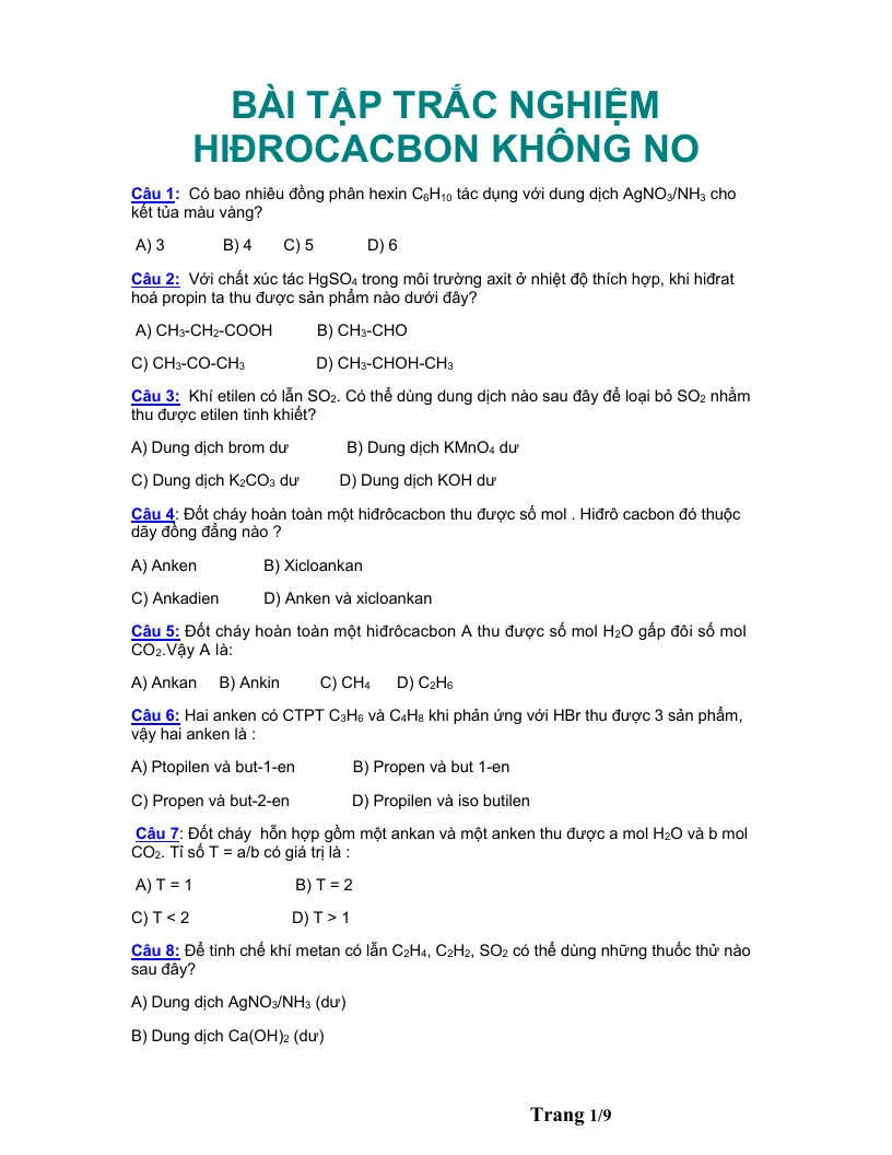 40 câu trắc nghiệm hidro không no