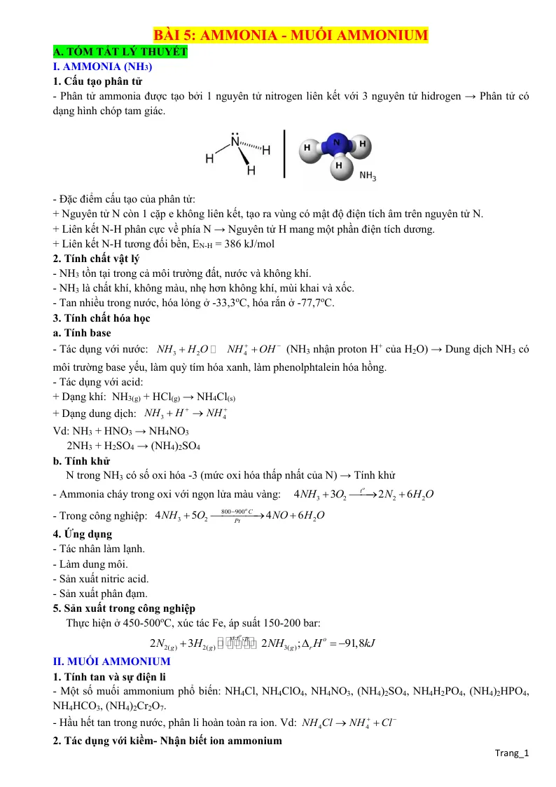Lý Thuyết Và Trắc Nghiệm Bài Ammonia - Muối Ammonium Lớp 11