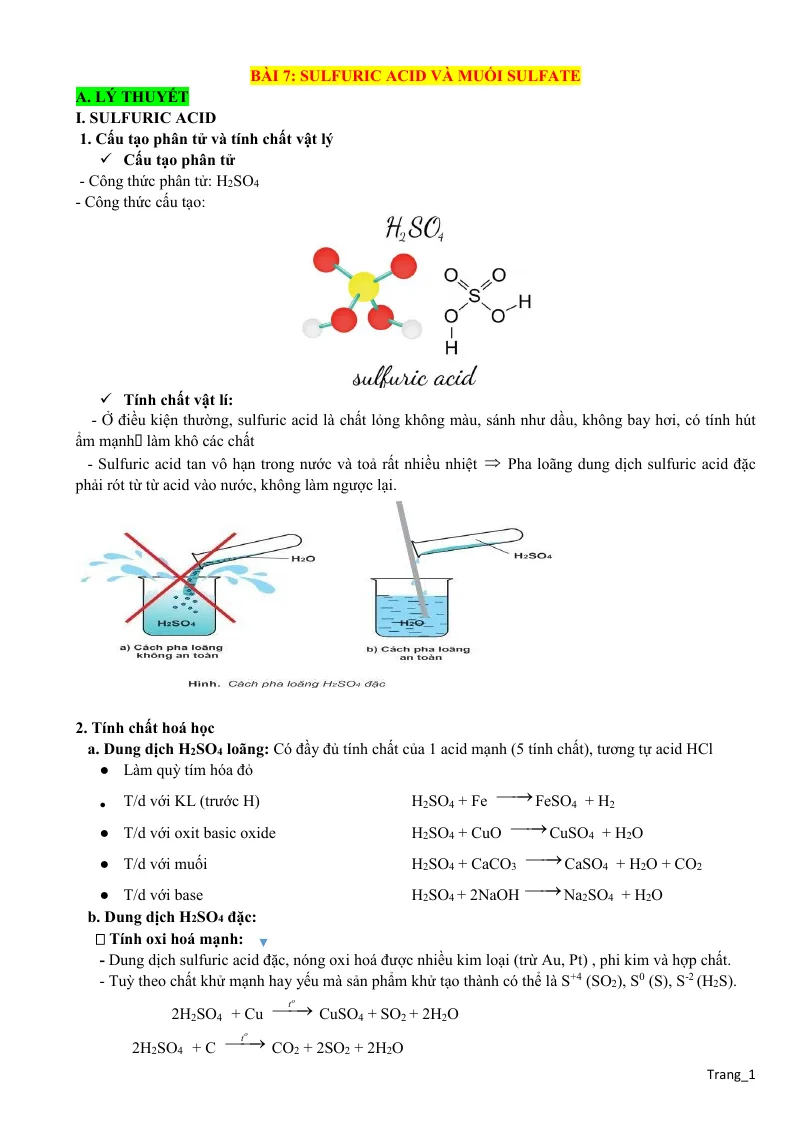 Lý Thuyết Và Trắc Nghiệm Bài 7 Sulfuric Acid Và Muối Sulfate Lớp 11