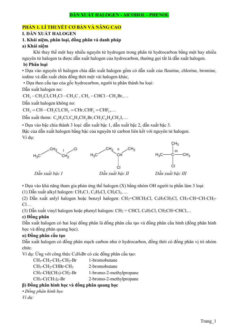 Chuyên Đề Dẫn Xuất Halogen - Alcohol - Phenol Bồi Dưỡng Học Sinh Giỏi Hóa 11