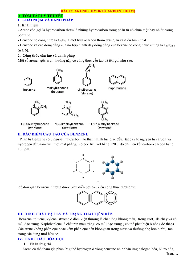 Lý Thuyết Và Trắc Nghiệm Arene (Hydrocarbon Thơm) Lớp 11