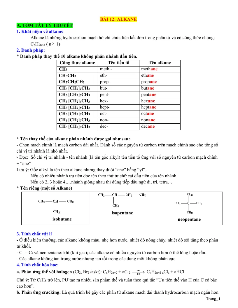 Lý Thuyết Và Trắc Nghiệm Bài 12 Alkane Lớp 11