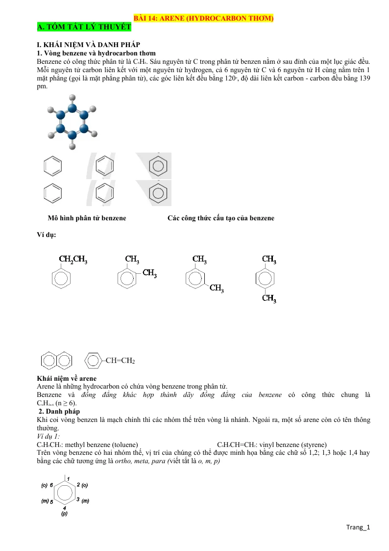 Lý Thuyết Và Trắc Nghiệm Bài 14 Arene (Hydrocarbon Thơm)