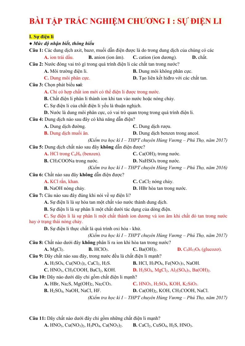 135 Câu Trắc Nghiệm Chương Sự Điện Li Theo Từng Mức Độ