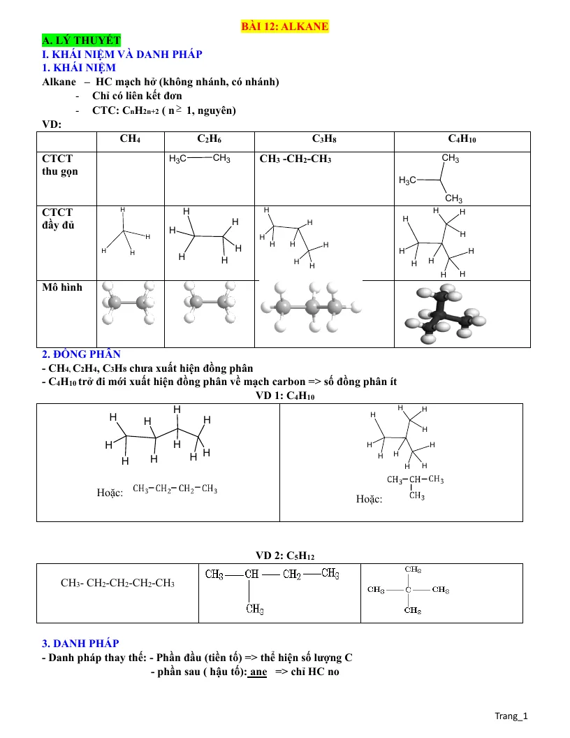 Lý Thuyết Và Trắc Nghiệm Bài 12 Alkane Lớp 11