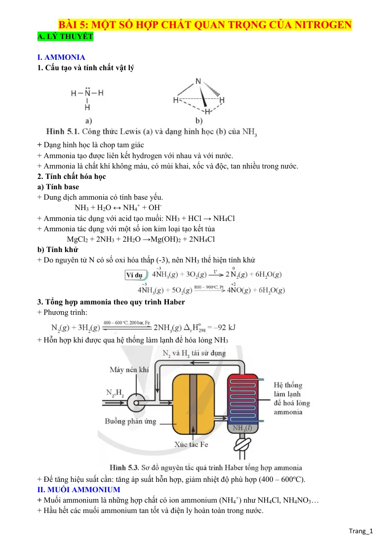 Lý Thuyết Và Trắc Nghiệm Bài 5 Một Số Hợp Chất Quan Trọng Của Nitrogen Lớp 11