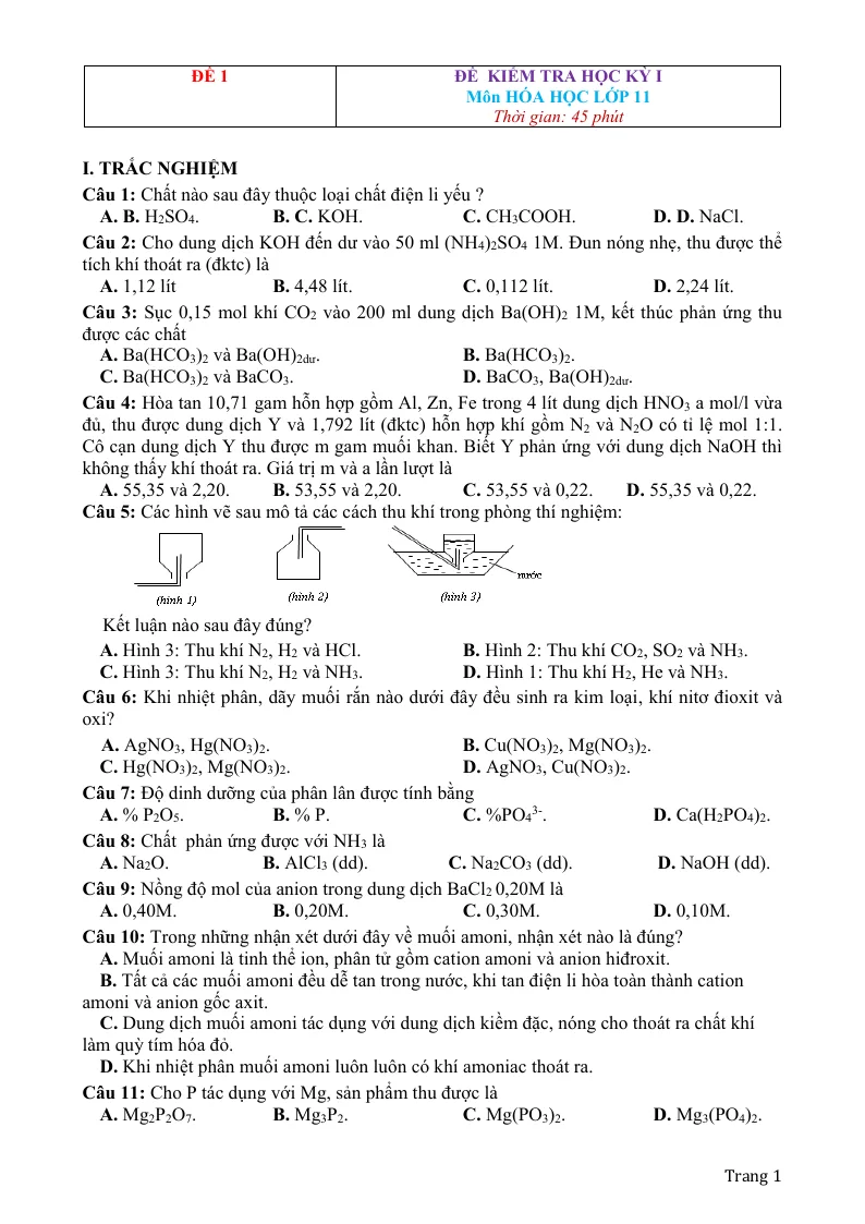 Bộ Đề Thi Học Kỳ 1 Hóa 11