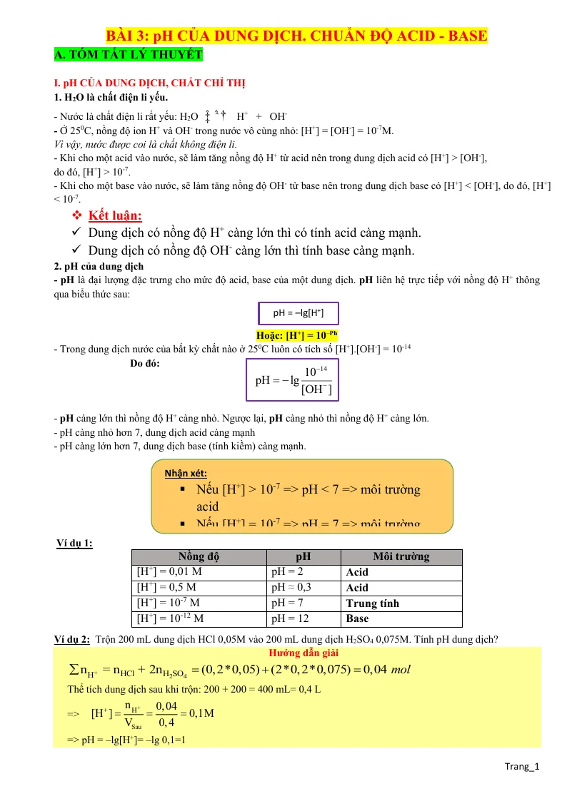 Lý Thuyết Và Trắc Nghiệm Bài 3 pH Của Dung Dịch Chuẩn Độ Acid - Base Lớp 11