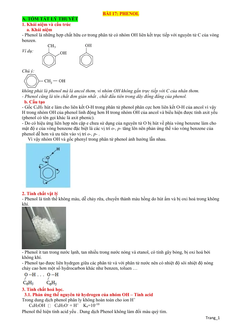 Lý Thuyết Và Trắc Nghiệm Bài 17 Phenol Lớp 11