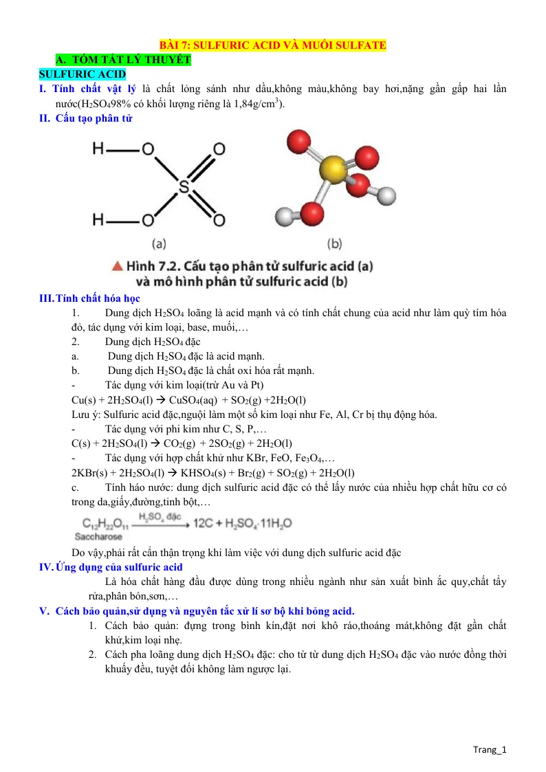 Lý Thuyết Và Trắc Nghiệm Sulfuric Acid Và Muối Sulfate Lớp 11