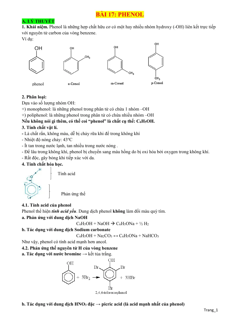 Lý Thuyết Và Trắc Nghiệm Bài 17 Phenol Lớp 11
