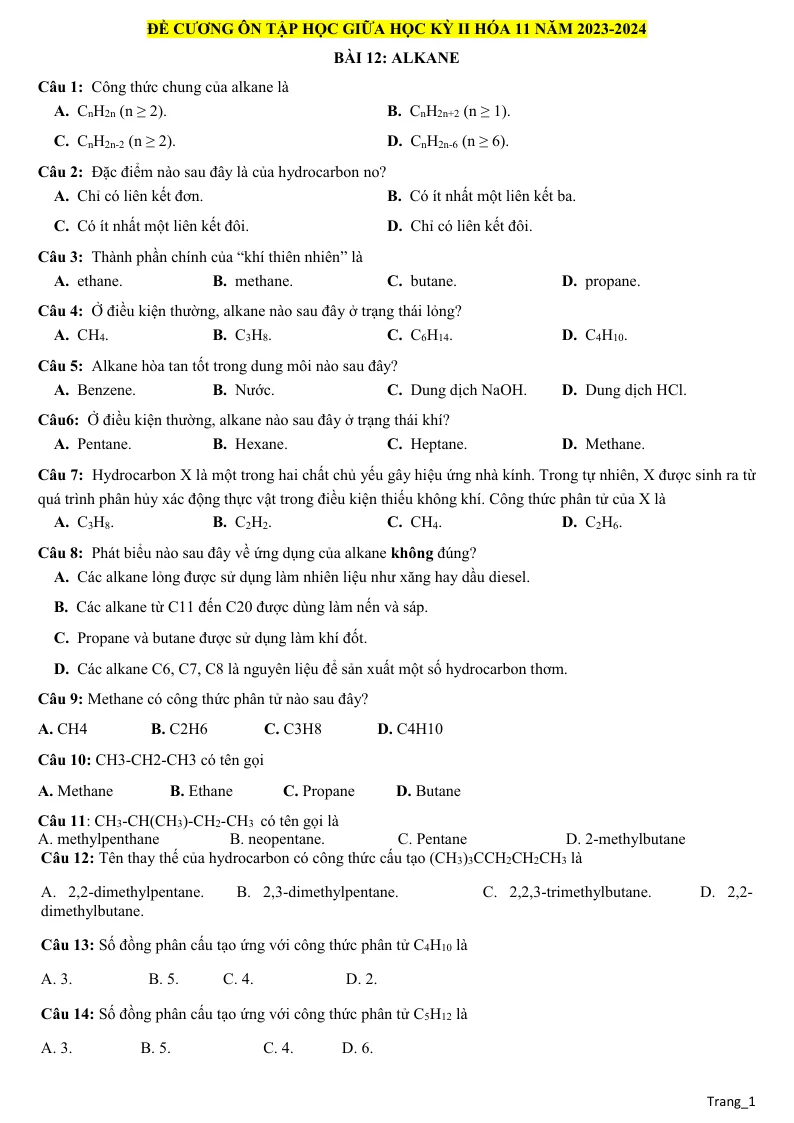 Đề Cương Ôn Tập Giữa Học Kỳ 2 Hóa 11 CTST Theo Từng Bài Học
