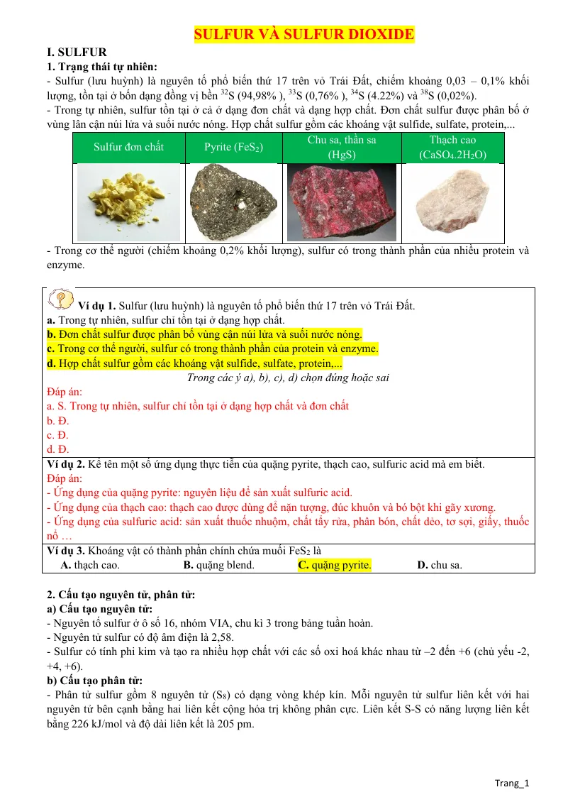 Các Dạng Bài Tập Bài Sulfur Và Sulfur Dioxide Lớp 11