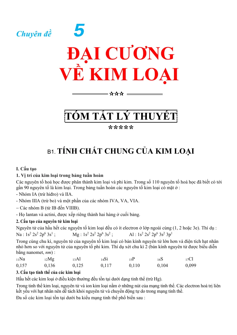 Chuyên Đề Đại Cương Về Kim Loại Hóa 12