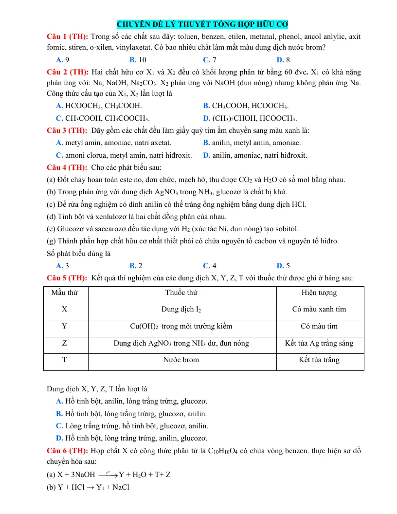 Trắc Nghiệm Lý Thuyết Tổng Hợp Hữu Cơ Hóa 12