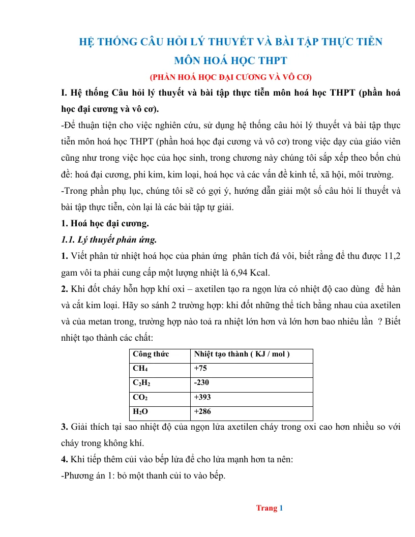 Hệ Thống Câu Hỏi Lý Thuyết Và Bài Tập Thực Tiễn Môn Hoá Học THPT