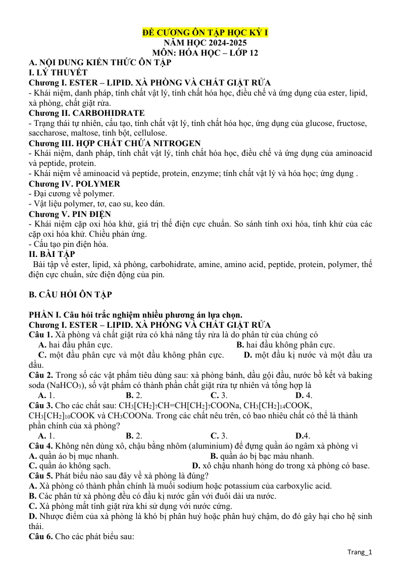 Đề Cương Ôn Tập HK1 Hóa 12 2024 - 2025