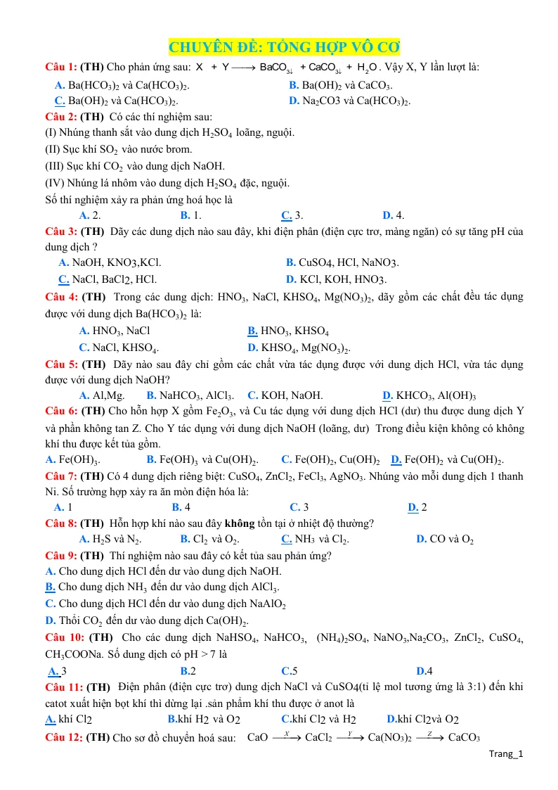 Chuyên Đề Tổng Hợp Vô Cơ Hóa 12