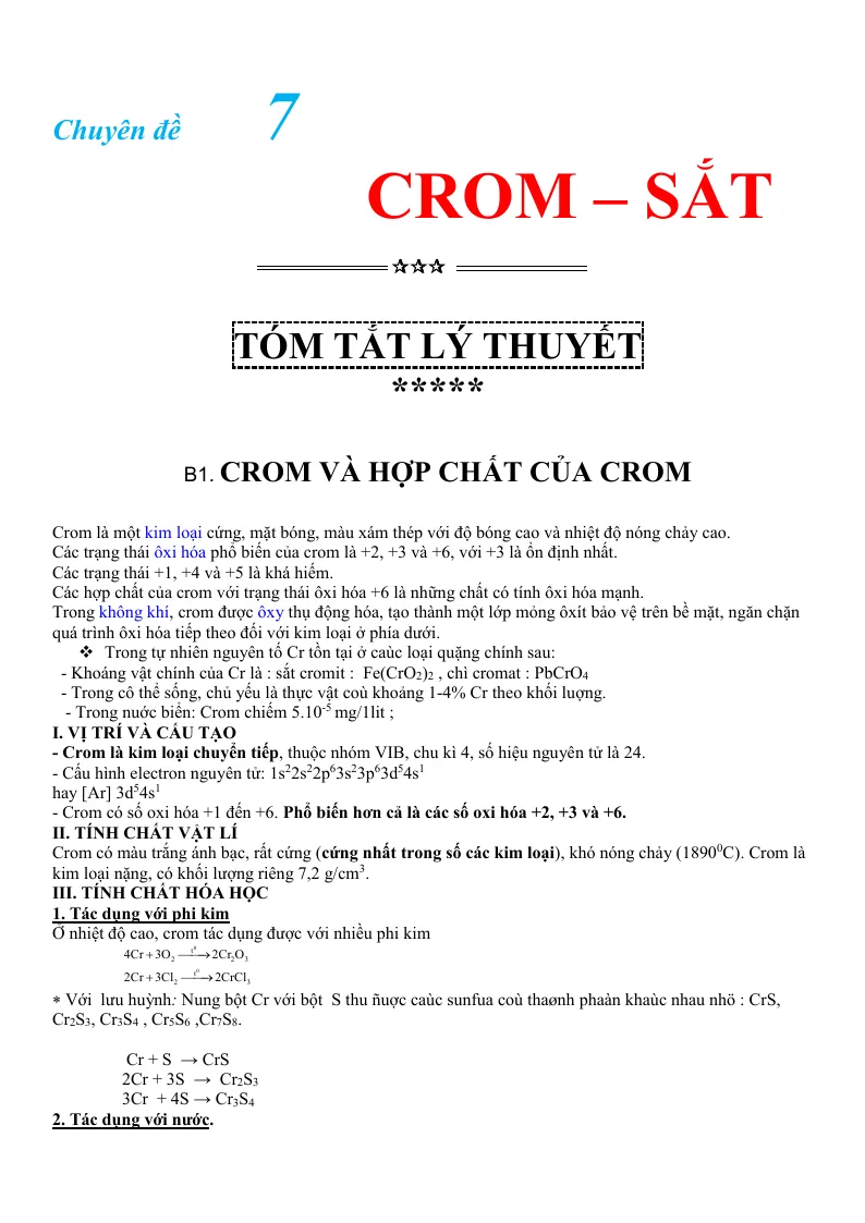 Chuyên Đề Crom Sắt Hóa 12