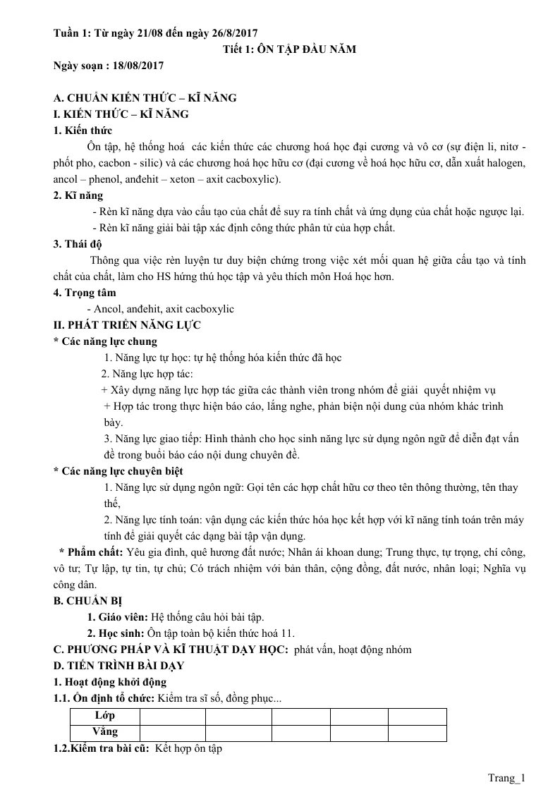 Giáo Án Hóa Lớp 12 Cả Năm Theo Phương Pháp Mới