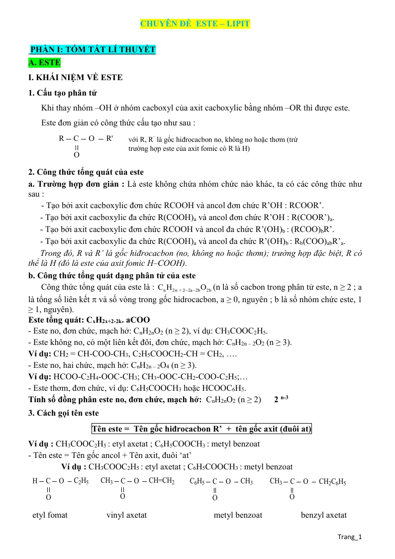 Chuyên Đề Este Hóa 12