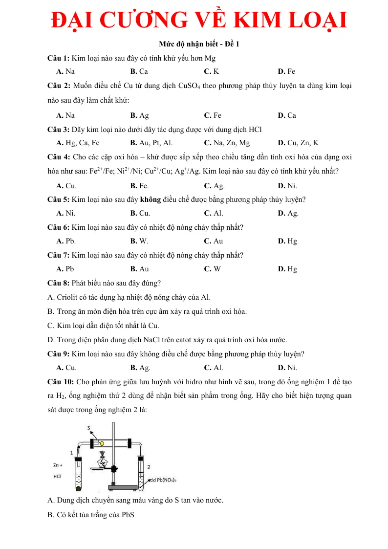 240 Câu Trắc Nghiệm Đại Cương Về Kim Loại