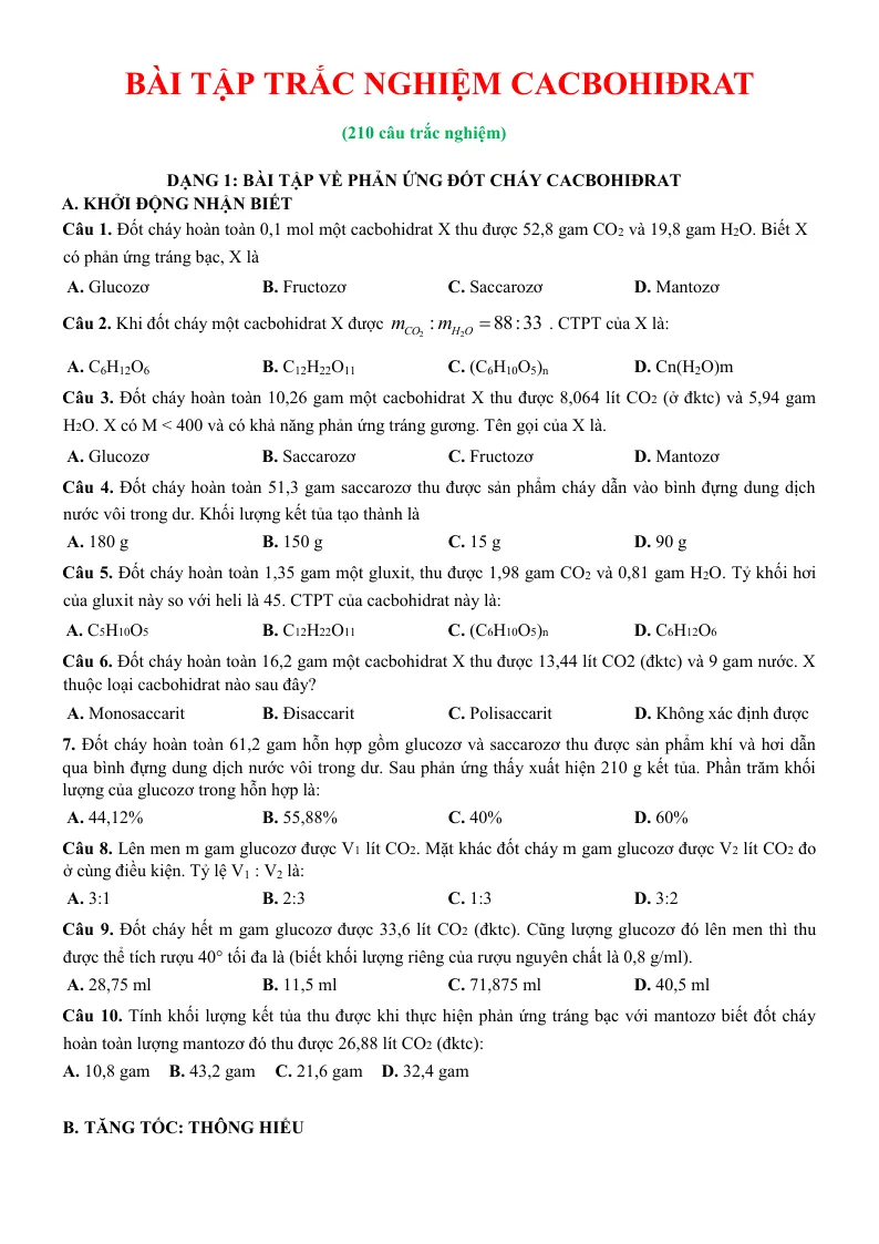 210 Câu Trắc Nghiệm Cacbonhidrat Theo Từng Mức Độ