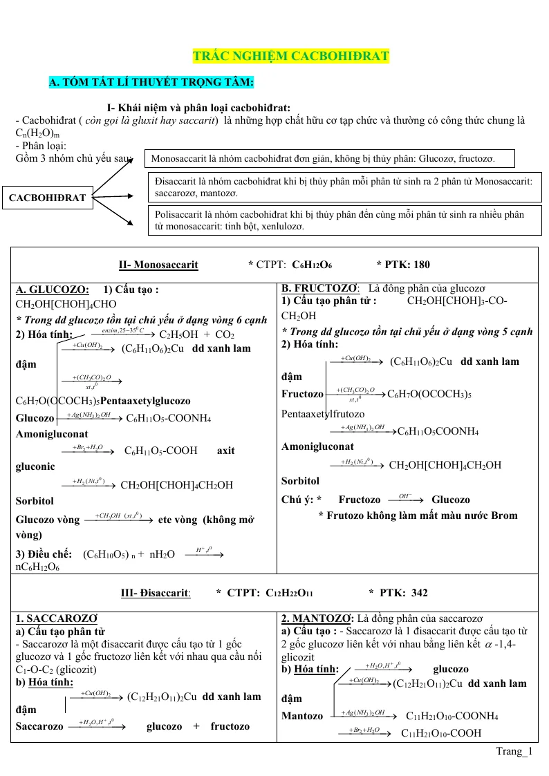 30 Câu Trắc Nghiệm Cacbohiđrat Theo Từng Mức Độ