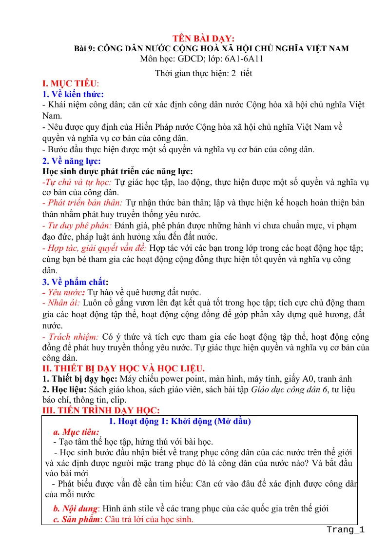 Giáo Án GDCD 6 Bài 9: Công Dân Nước Cộng Hòa Xã Hội Chủ Nghĩa Việt Nam