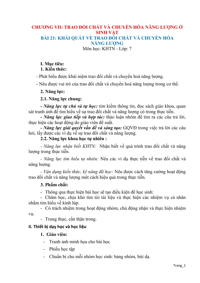 Giáo Án KHTN 7 Bài 21 Khái Quát Về Trao Đổi Chất Và Chuyển Hóa Năng Lượng