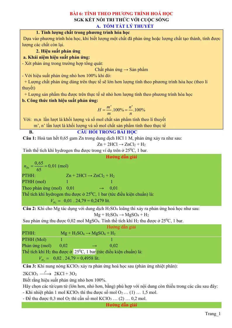 Chuyên Đề KHTN 8 Bài 6 Tính Theo Phương Trình Hoá Học