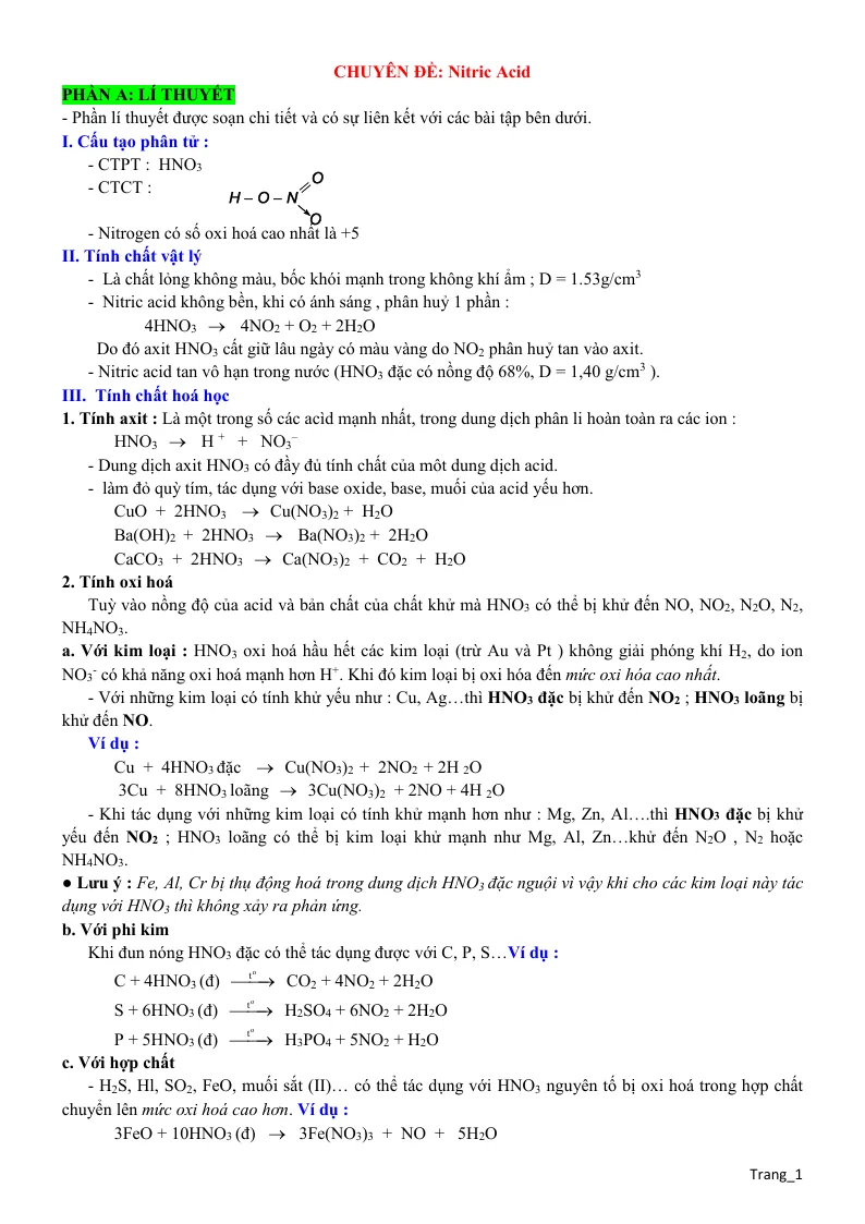 Chuyên Đề Nitric Acid Bồi Dưỡng HSG Hóa 8