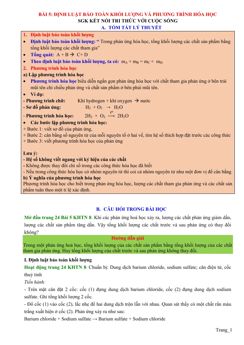 Chuyên Đề KHTN 8 Bài 5 Định Luật Bảo Toàn Khối Lượng Và Phương Trình Hóa Học